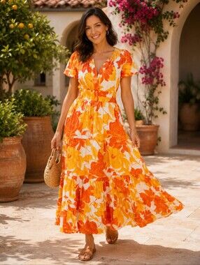 Cynthia Rowley Floral Tiered Maxi Dress Smocked Waist Cotton S